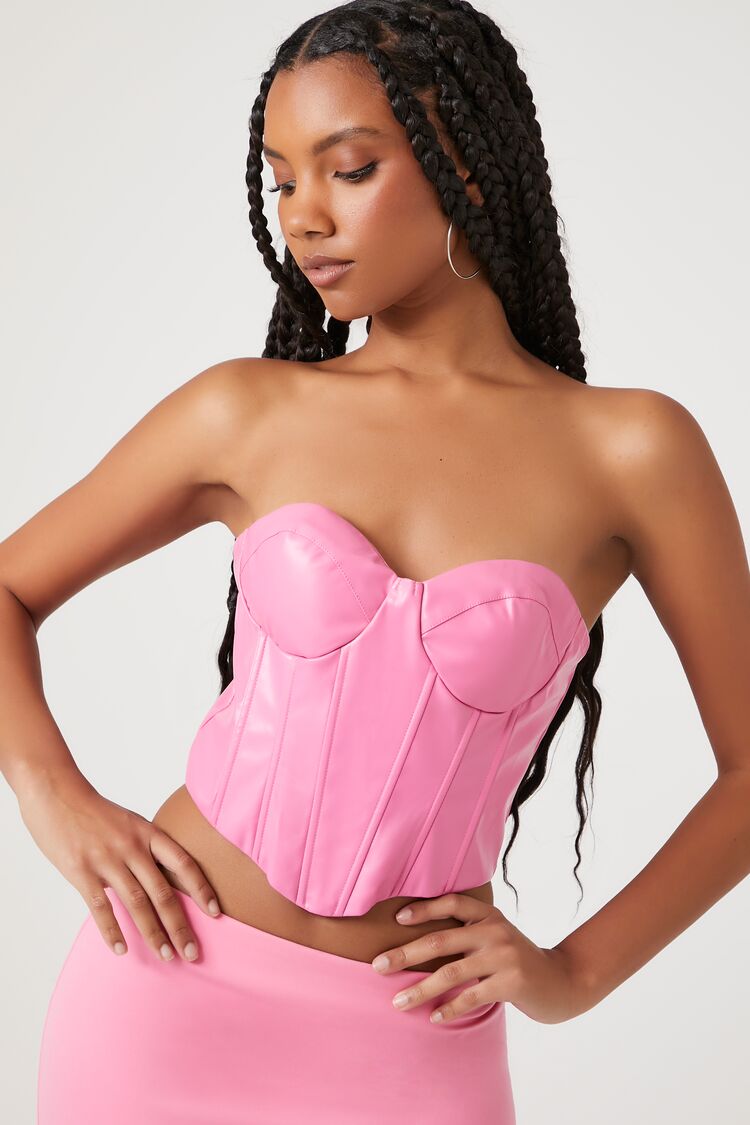 inhzoy Women's Zipper Front PU Leather Bustier Crop Tube Top Pink L 
