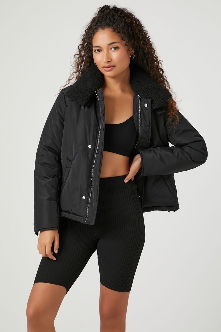 Utility Leather Jacket with Rib-Knit Trim