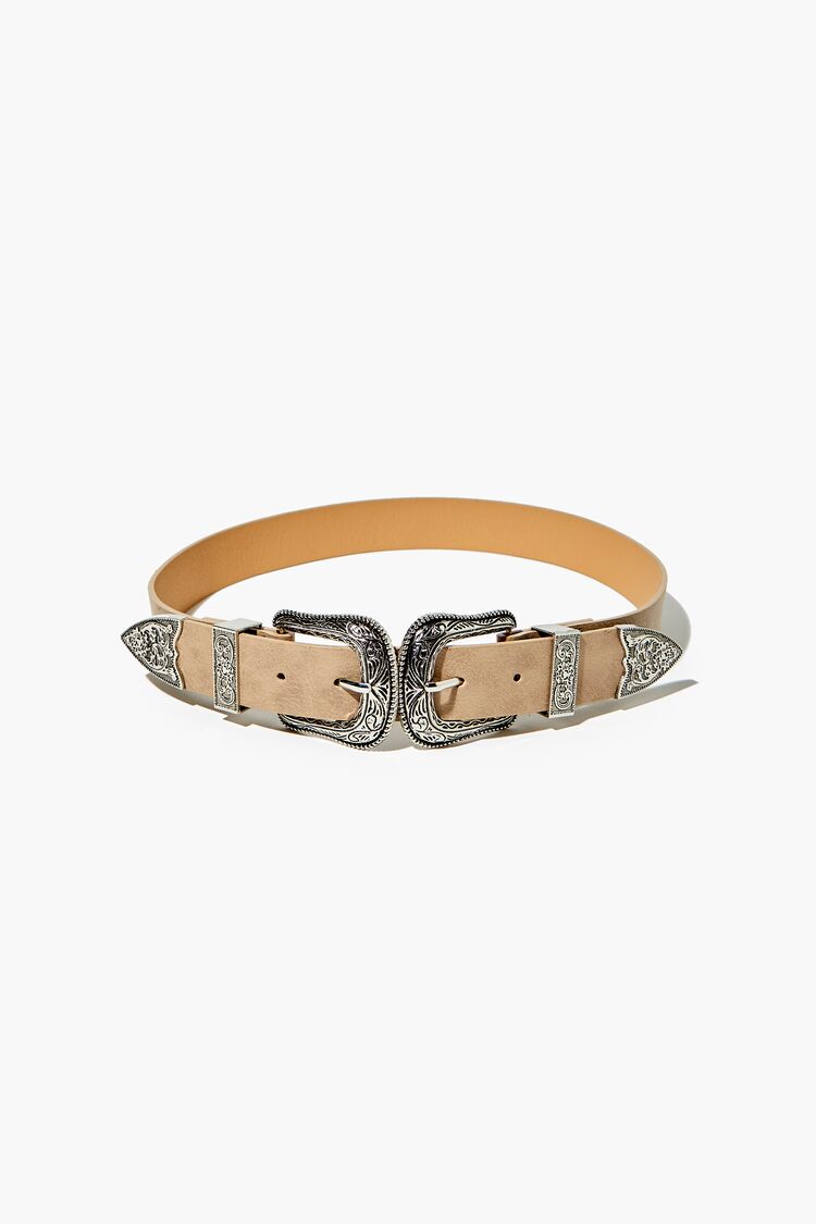 Faux Leather Dual Buckle Western Belt   00478392 01 