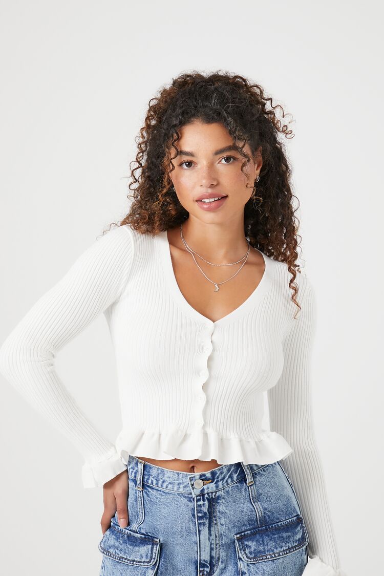 Ruffle Trim Cropped Cardigan Sweater