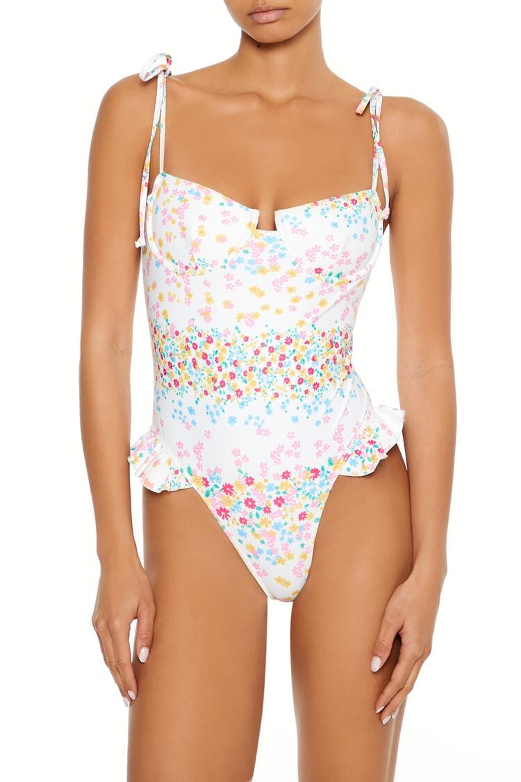 Bright Floral Tie-Strap Underwire One-Piece Swimsuit