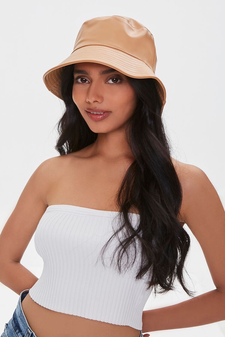 Forever 21 Women's Faux Leather/Pleather Bucket Hat in Tan | 100% Polyurethane | F21