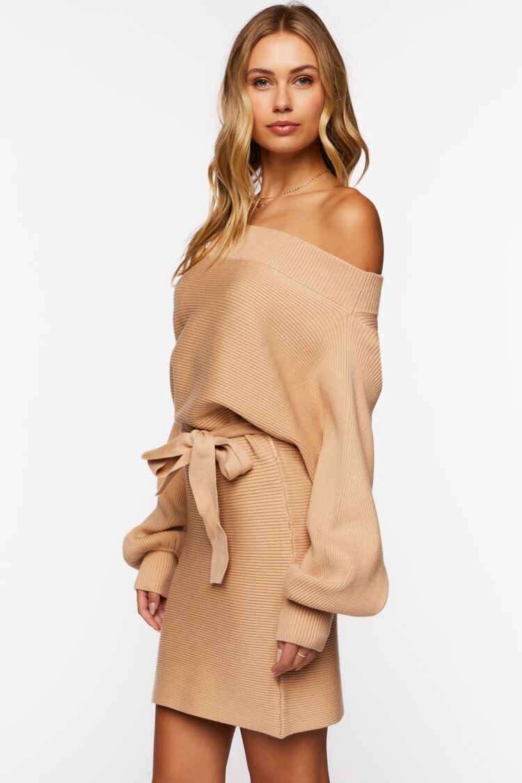 beige off the shoulder sweater dress