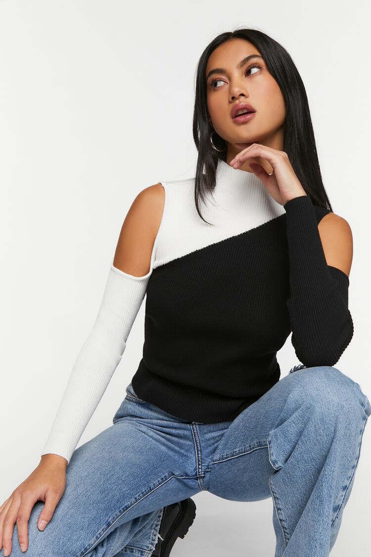 Open Shoulder Colorblock Sweater