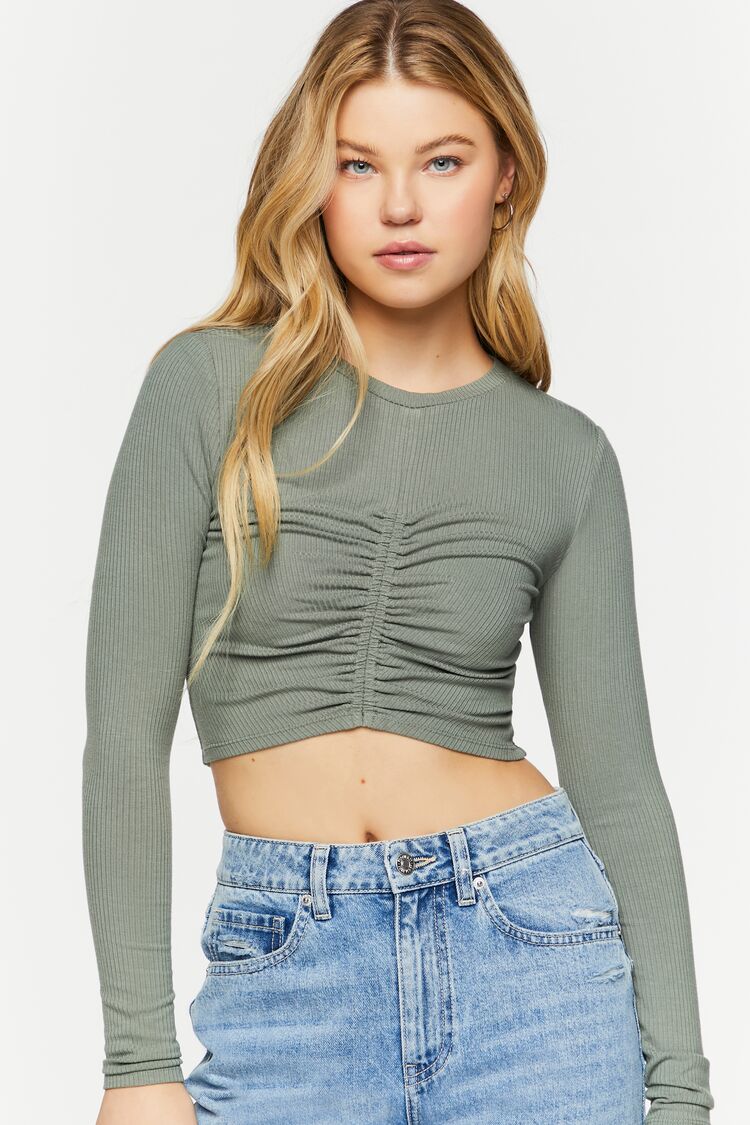 Ruched Rib-Knit Long-Sleeve Crop Top