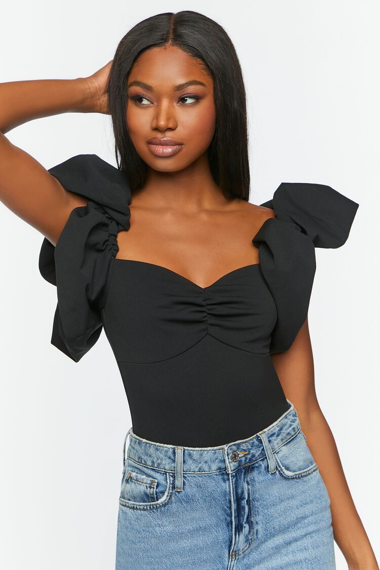 Crepe Puff-Sleeve Sweetheart Bodysuit