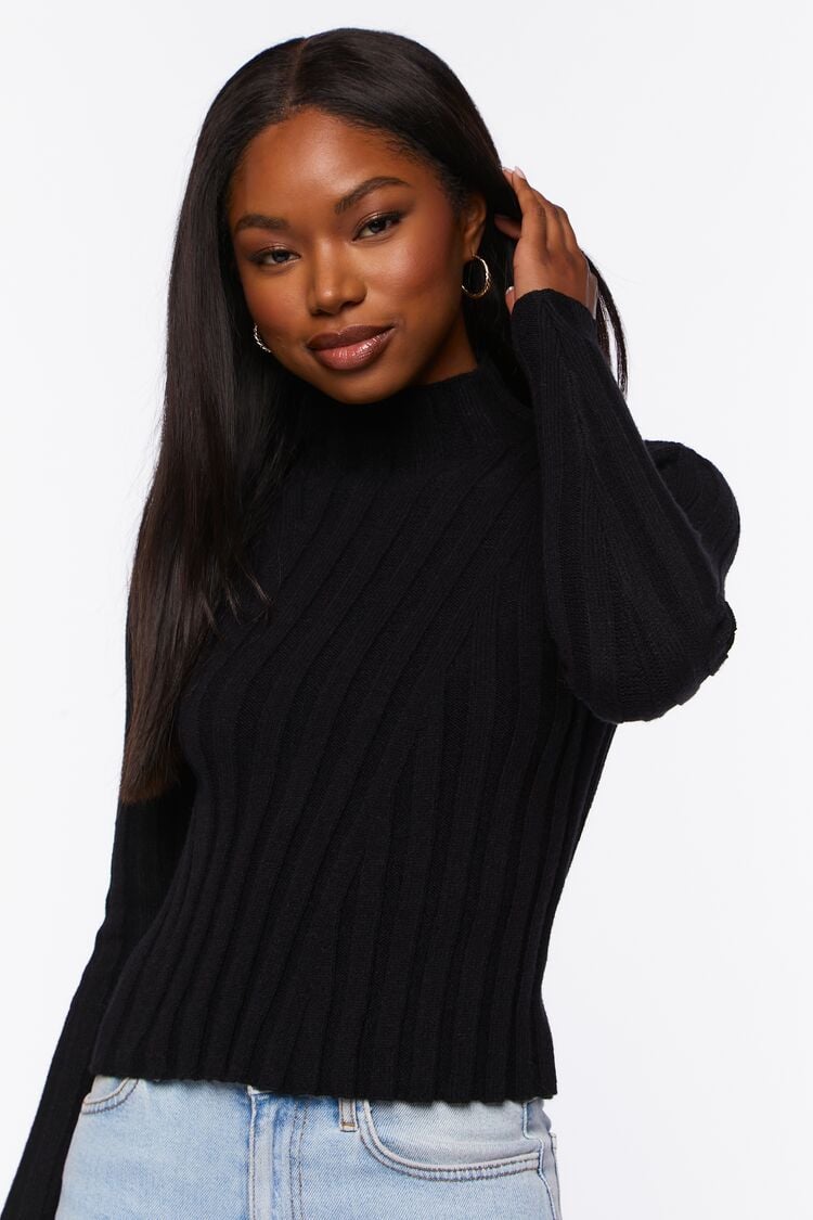 black ribbed mock neck sweater