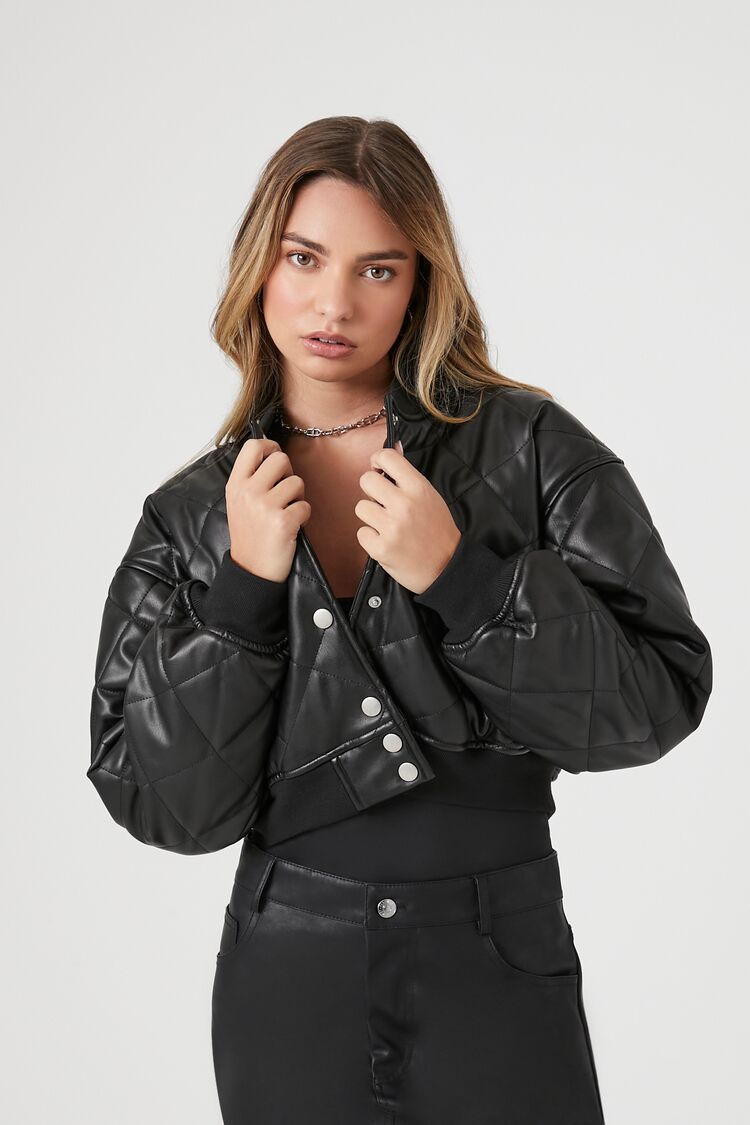 Sweet Disaster Faux Leather Cropped Bomber Jacket Black