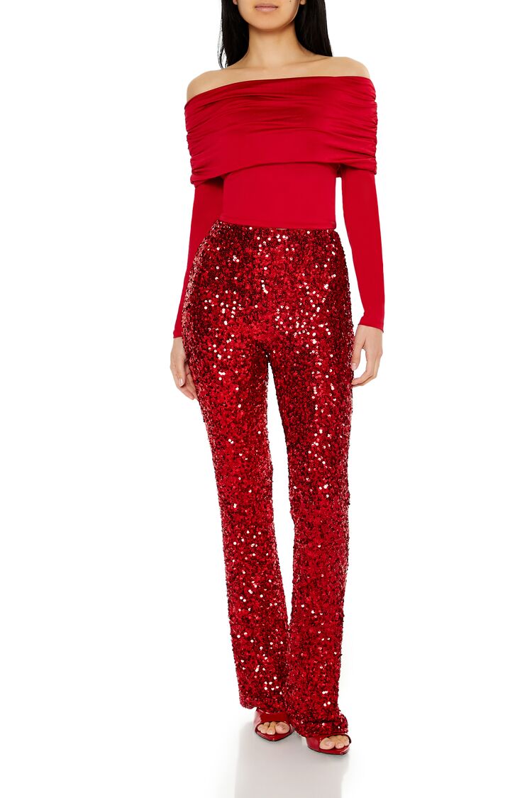 Sequin Mid-Rise Flare Pants