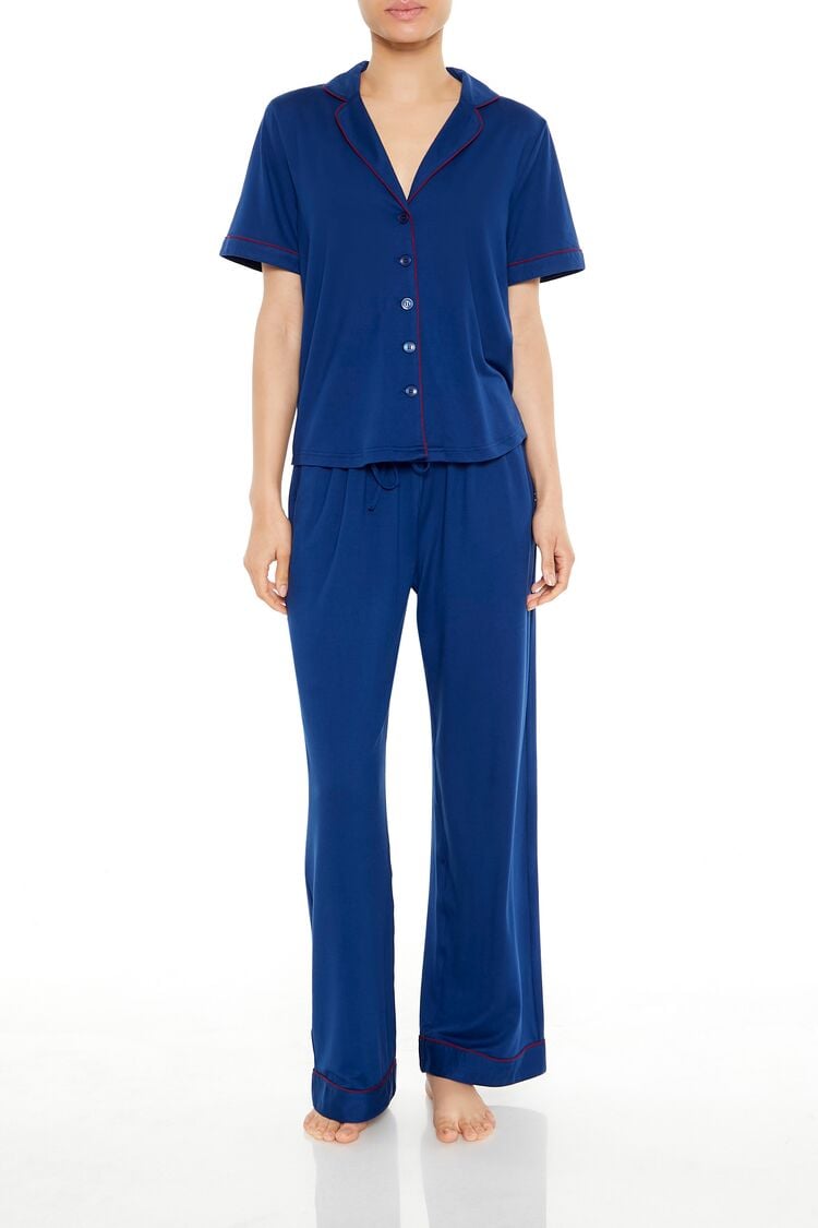 Piped-Trim Shirt & Pants Pajama Set