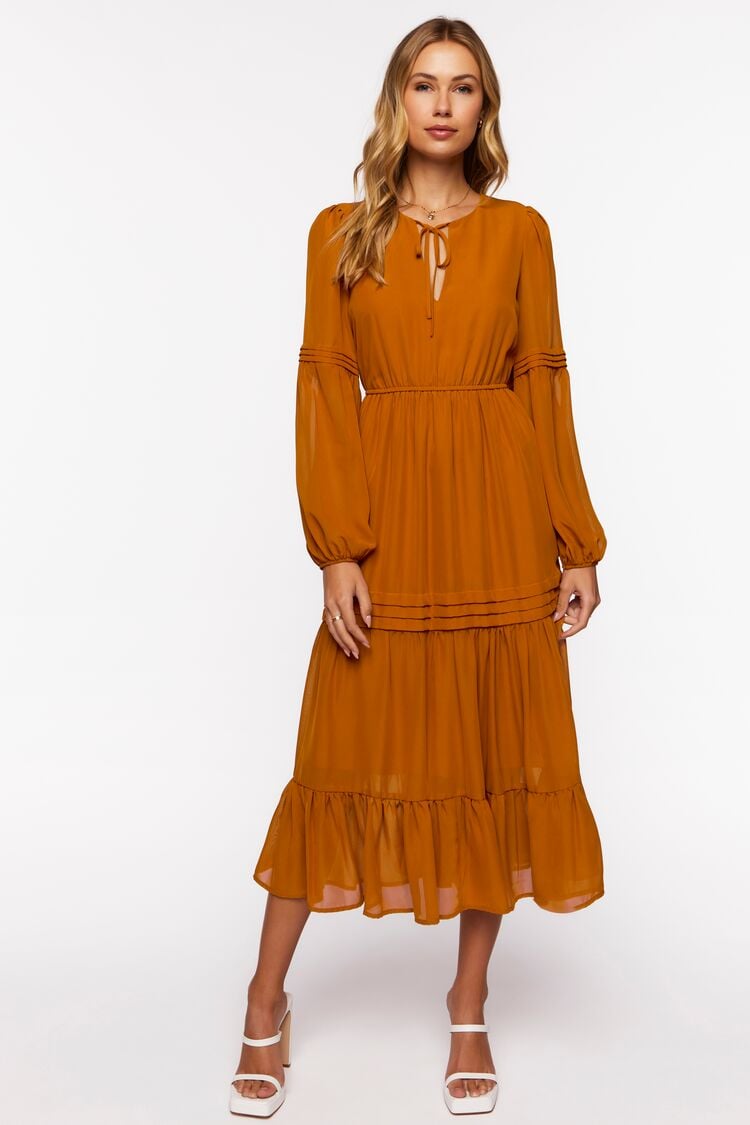 Chiffon Peasant-Sleeve Midi Dress