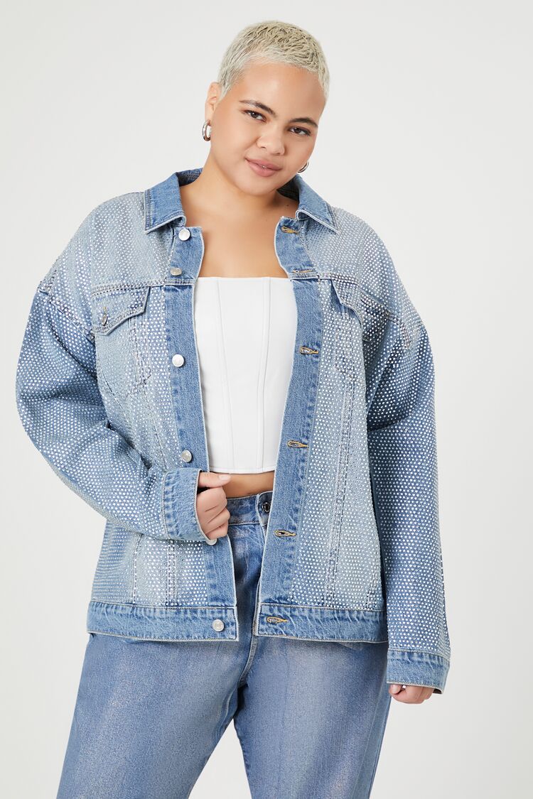 Denim jacket with hood plus size best sale