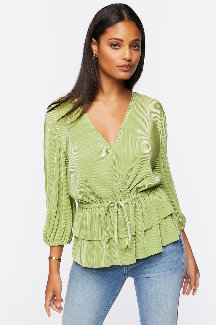 Plisse Surplice Layered-Hem Top