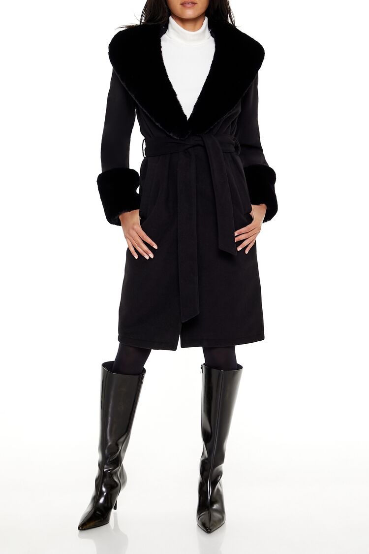 Faux Fur-Trim Faux Suede Wrap Coat