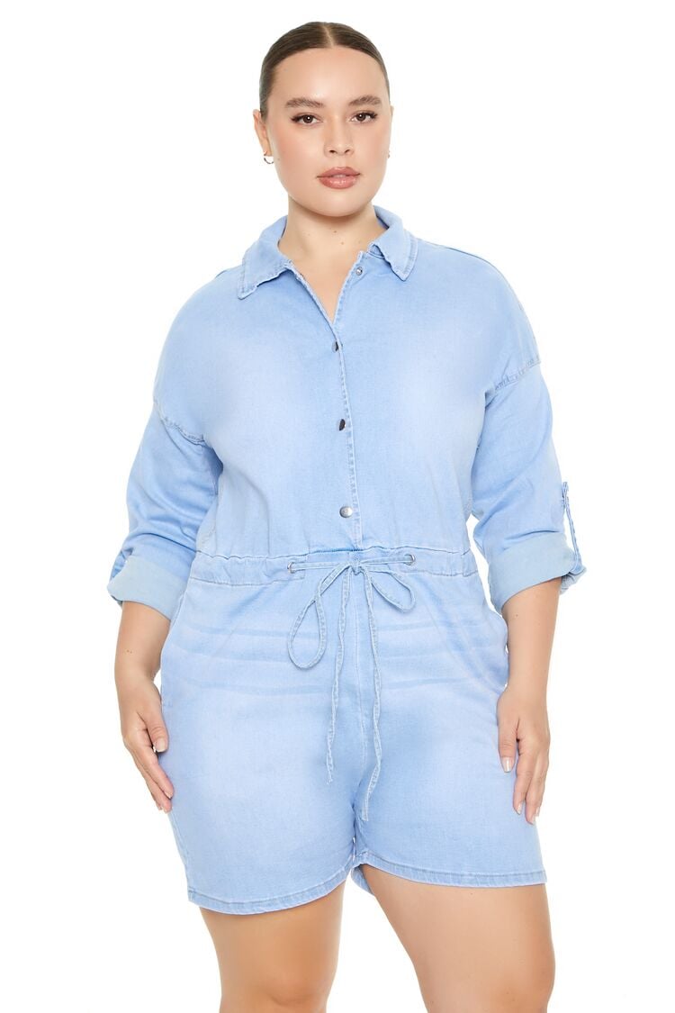 Plus Size Denim Tie-Waist Romper