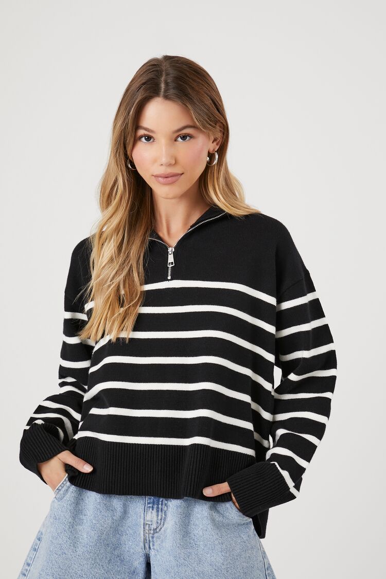 Rib-knit Half-zip Sweater - Black/striped - Ladies