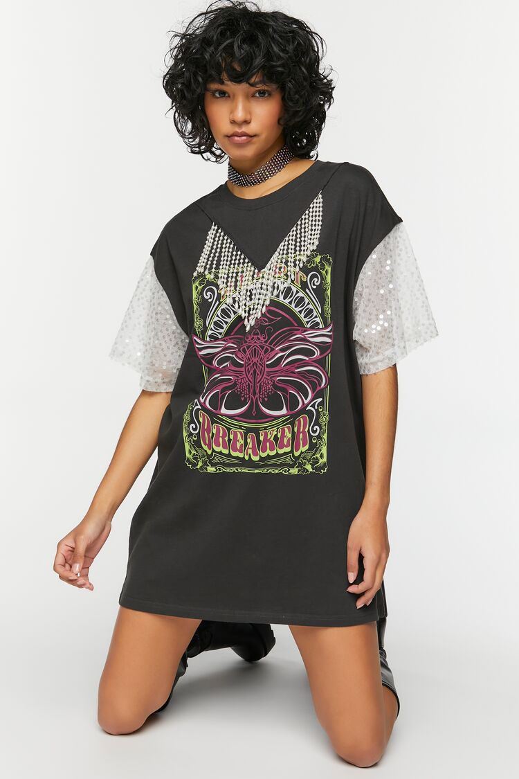 Faux Pearl Fringe Graphic T-Shirt Dress