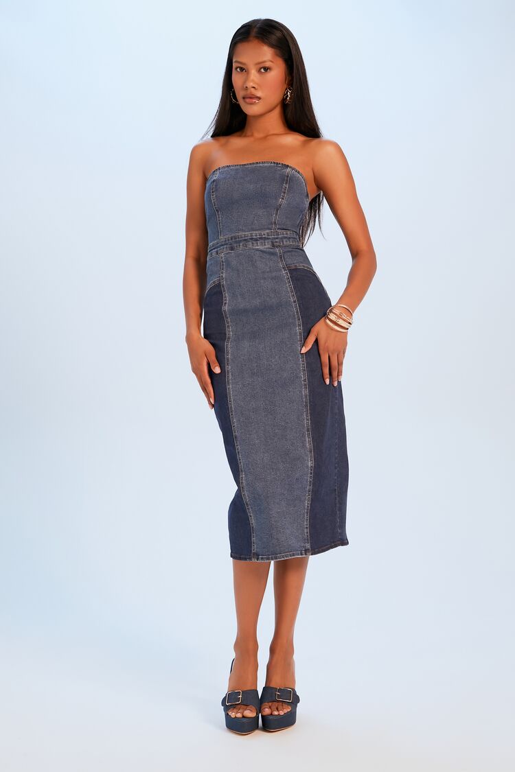 Strapless Denim Midi Dress