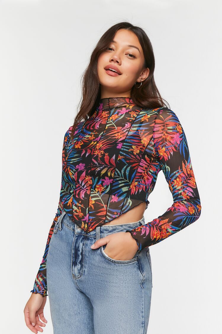 Mesh Tropical Print V-Hem Top