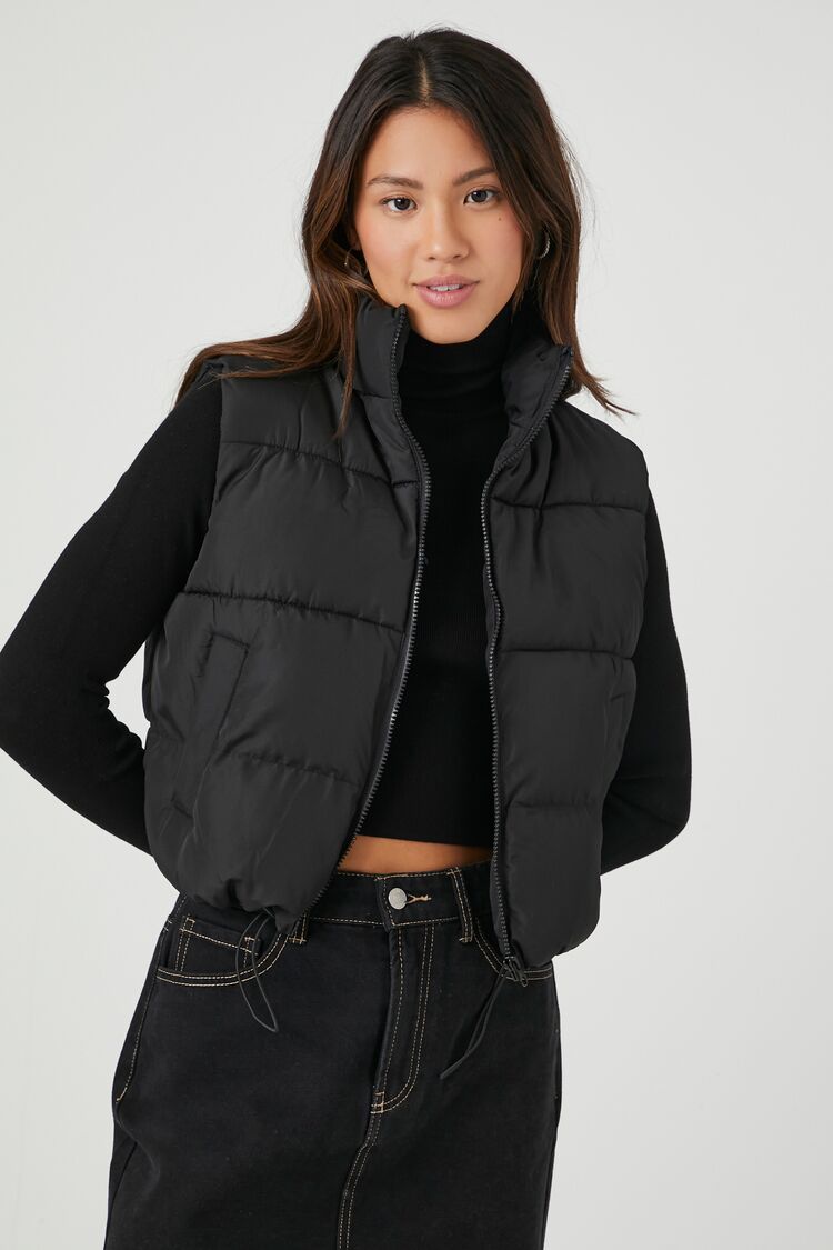 FindThy Women's Quilted Down Vest Drawstring Full-Zip Cropped Puffer  Vest Waistc