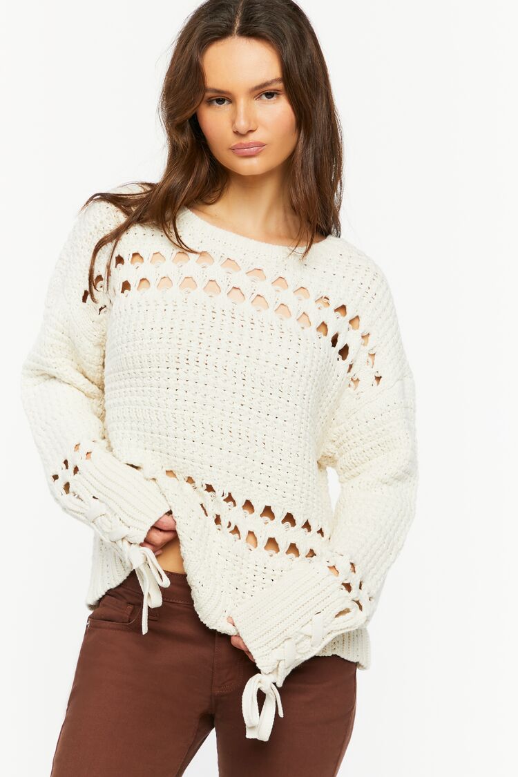 Pointelle Lace-Up Cutout Sweater