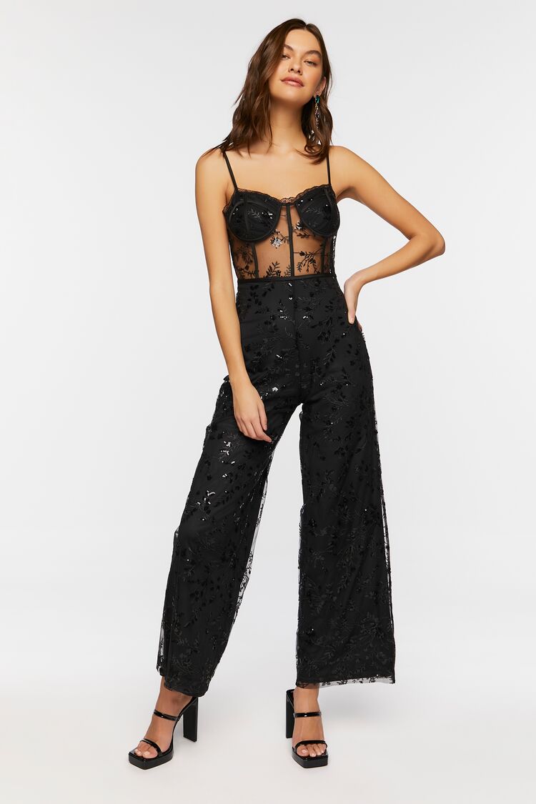 Mesh Floral Embellished Bustier Jumpsuit