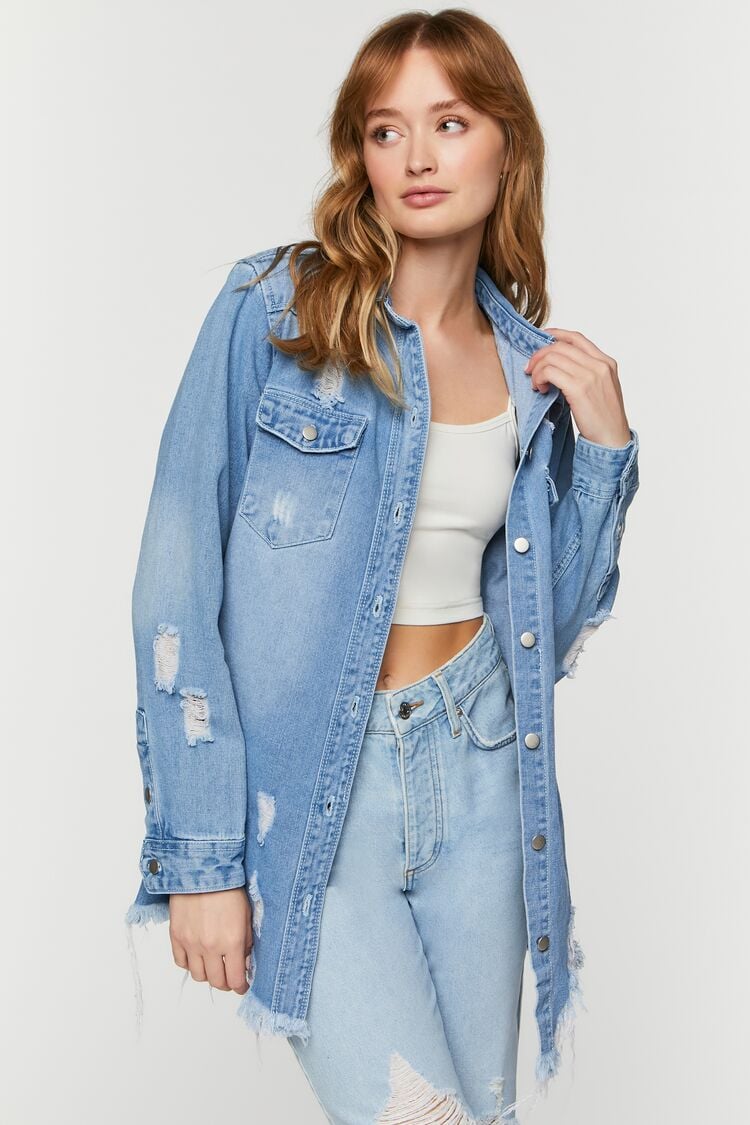 Distressed Denim Longline Trucker Jacket