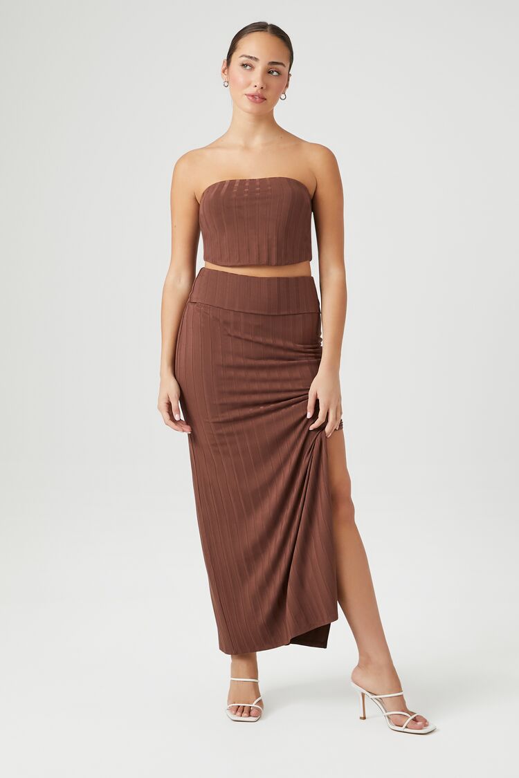 Ribbed Tube Top And Mini Skirt Sets Brown