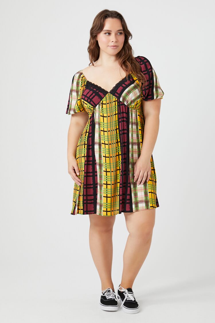 Plus Size Plaid Puff-Sleeve Mini Dress | Forever 21