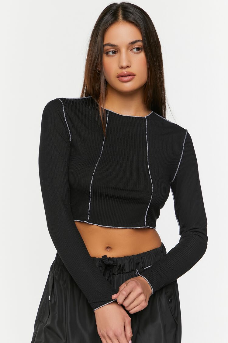 Contrast-Seam Long-Sleeve Crop Top