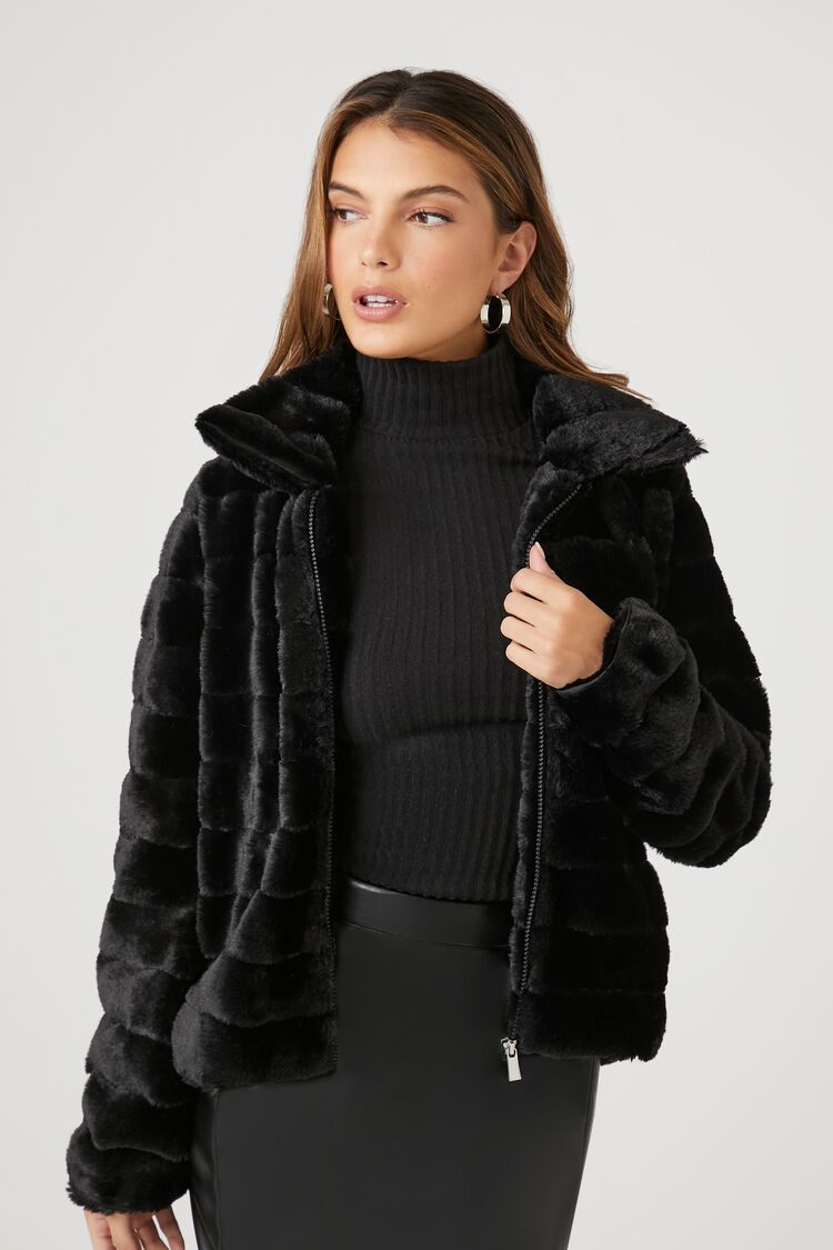 Y2K FOREVER 21 COAT JACKET BLACK FAUX FUR SIZE MEDIUM