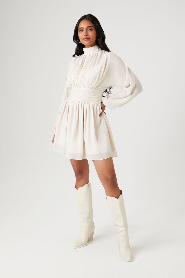 Chiffon Peasant-Sleeve Mini Dress