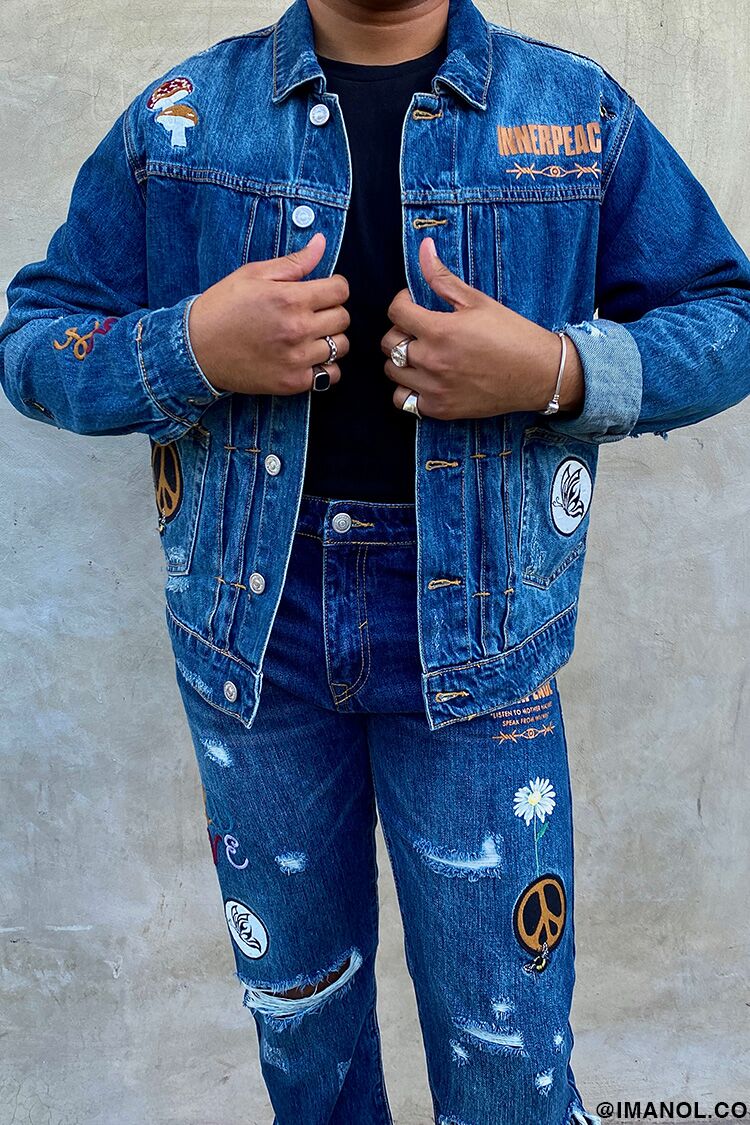 Half black half blue denim jacket forever 21 best sale