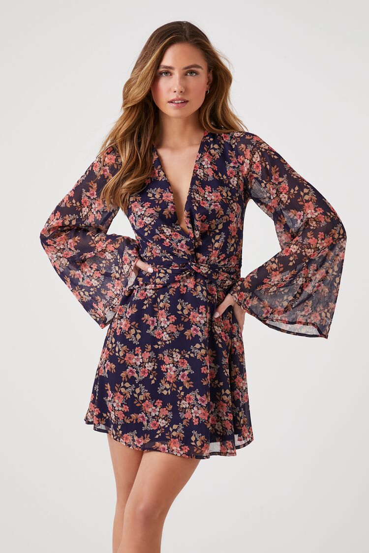 Floral Print Bell-Sleeve Mini Dress