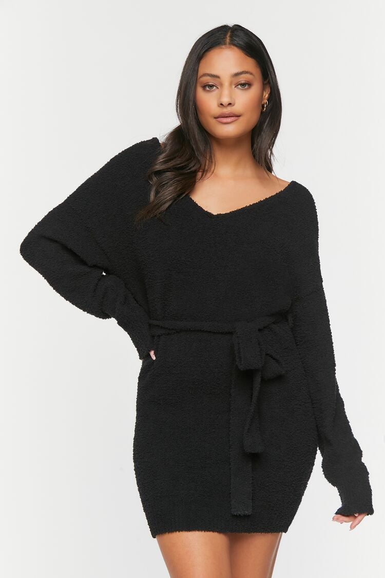 Fuzzy Knit Belted Sweater Dress