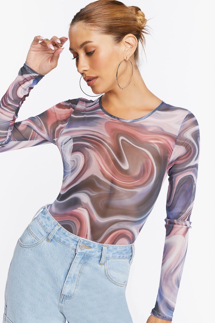 Marble Print Long-Sleeve Bodysuit