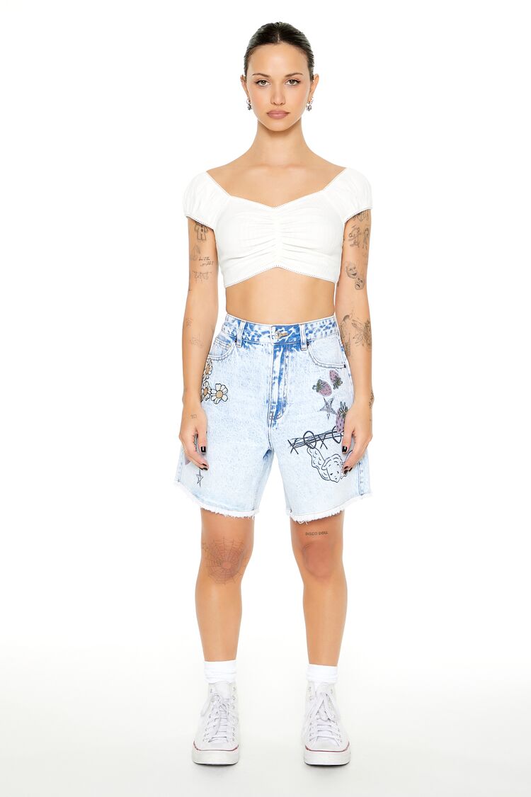 Embroidered Doodle Denim Shorts Forever 21