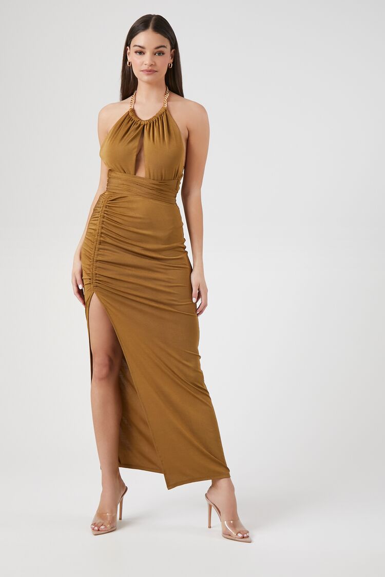 Vacation Ready Cut Out Layered Metal Chain Halter Maxi Dress