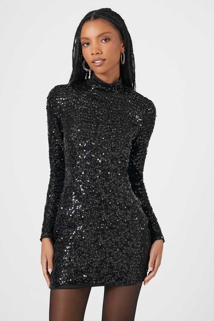 Sequin Black Long Sleeve Mini Dress