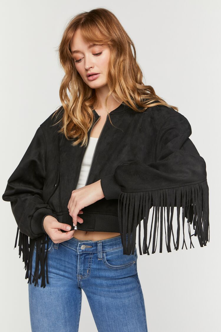 Faux Suede Fringe Bomber Jacket