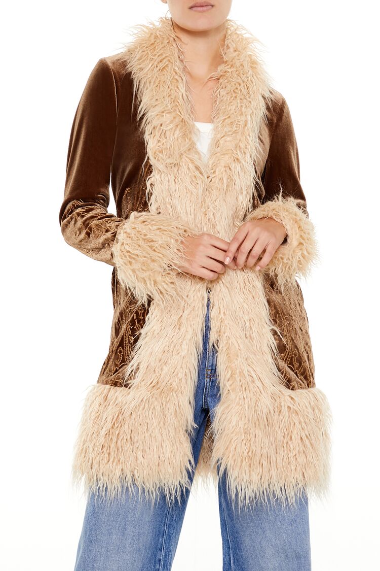 Faux Fur-Trim Embroidered Coat