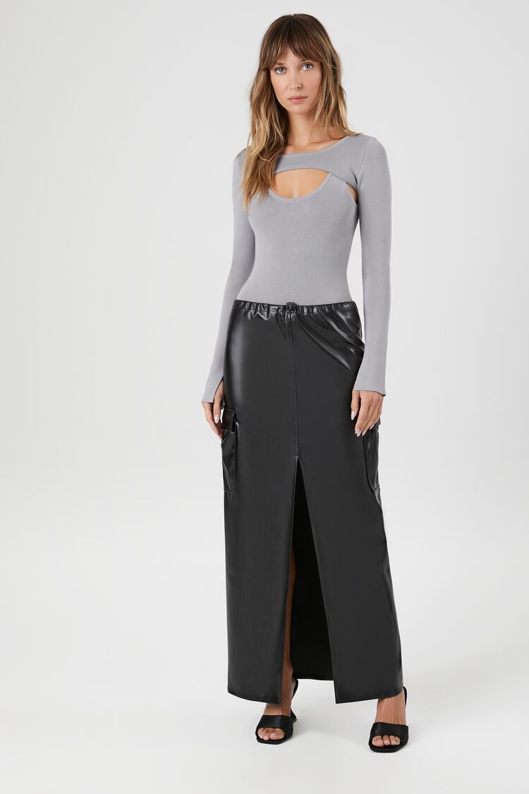 Faux Leather Toggle Drawstring Midi Skirt