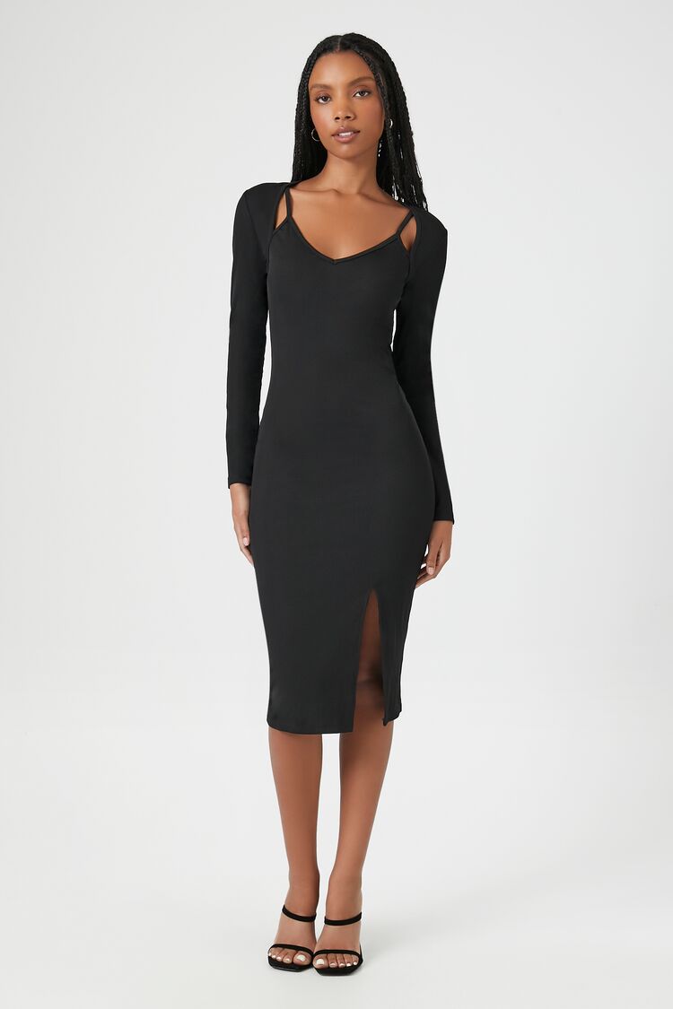 Ribbed Combo Bodycon Midi Dress