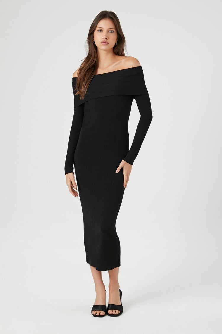 Off-the-Shoulder Foldover Midi Sweater Dress