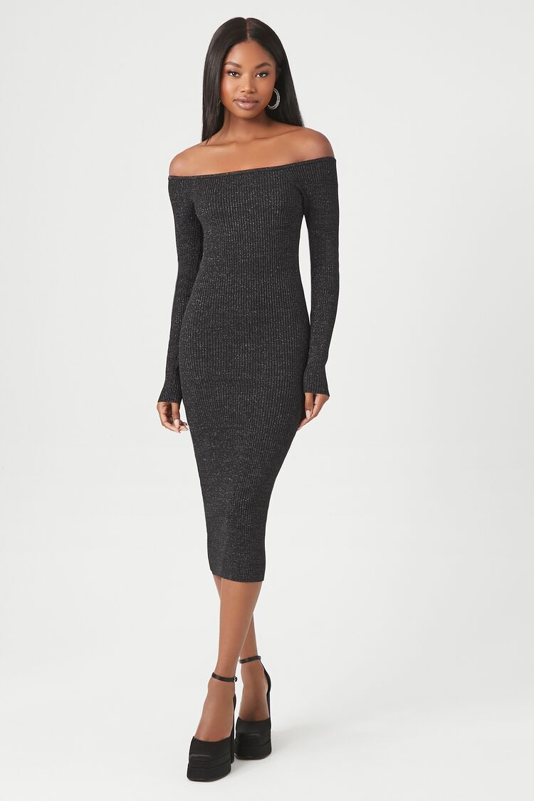 Glitter Off-the-Shoulder Sweater Midi Dress