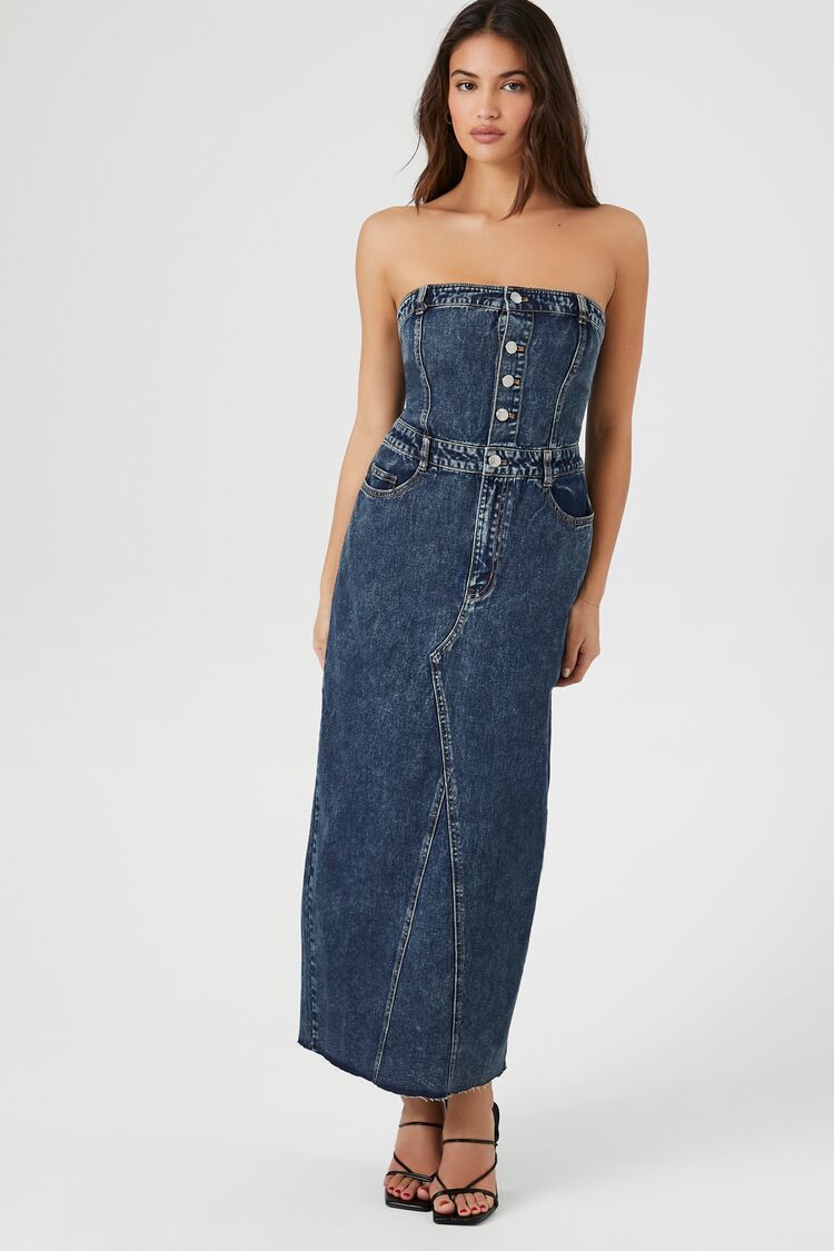 Strapless Denim Midi Dress