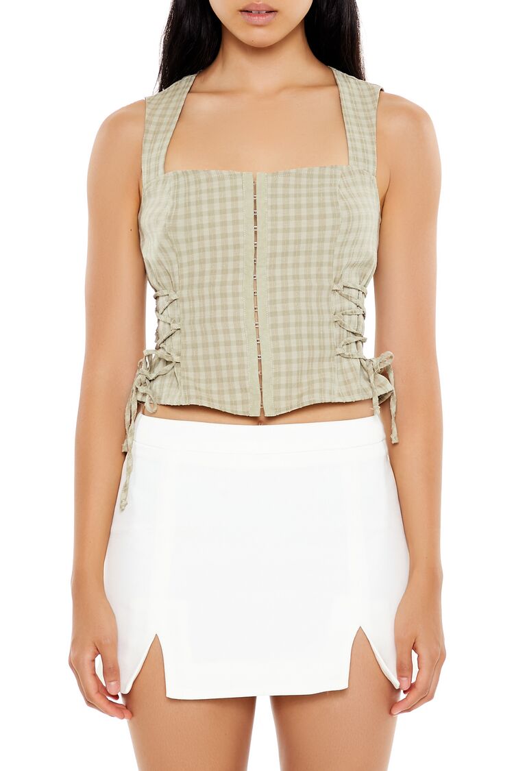 Gingham Lace-Up Crop Top