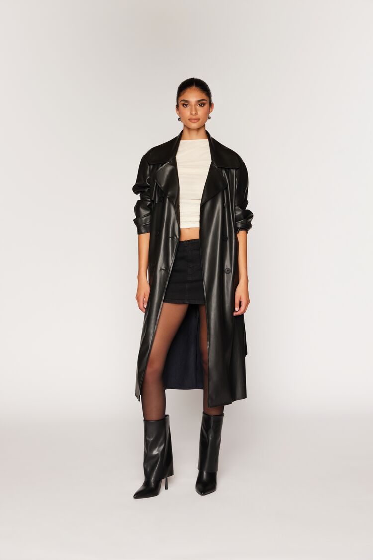 Faux Leather Notched Trench Coat