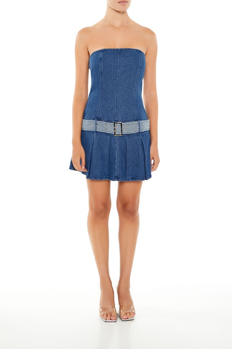 Belted Strapless Denim Mini Dress