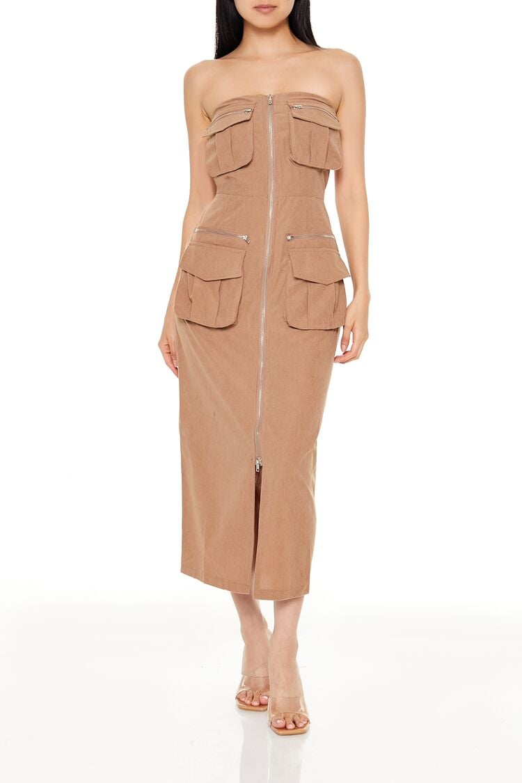 Strapless Zip-Up Cargo Midi Dress